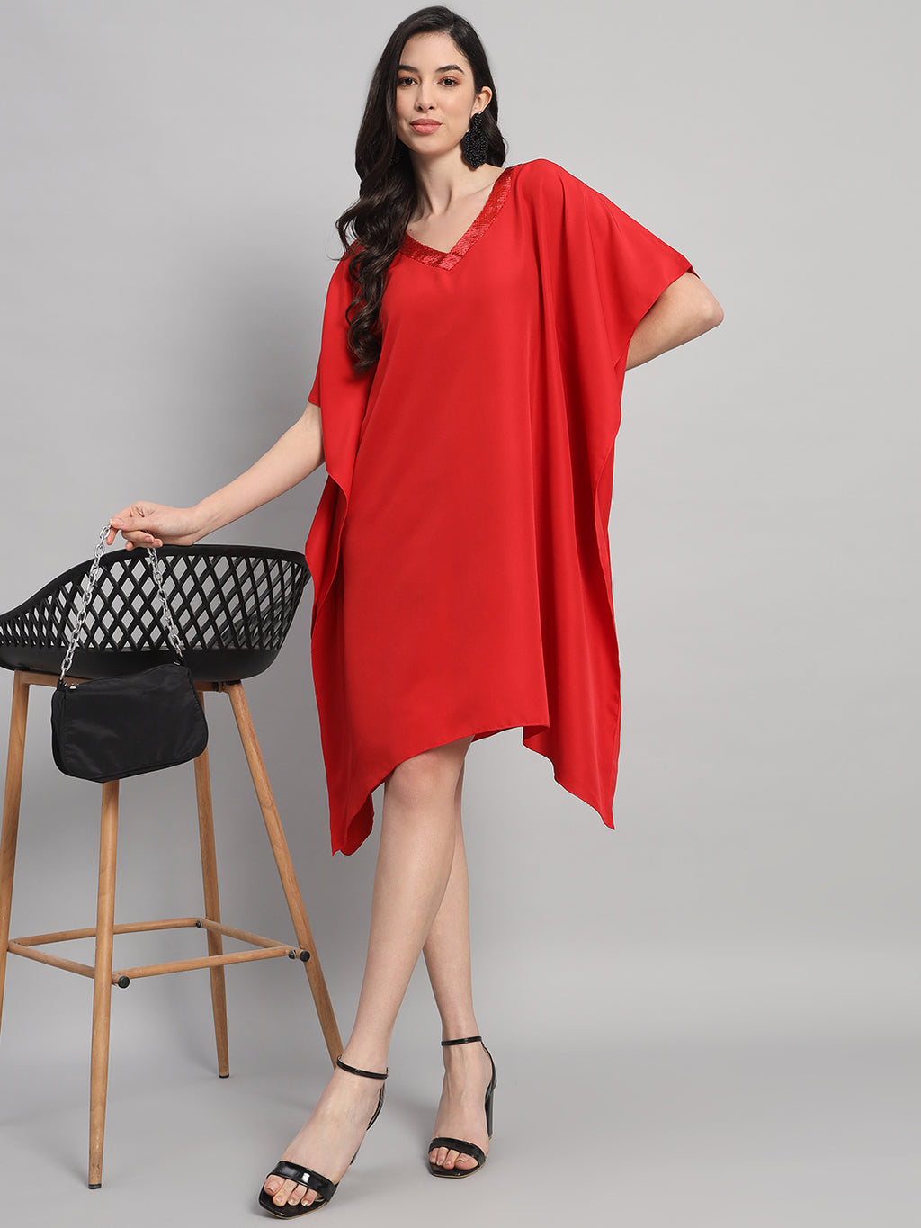 Curvydrobe Women Solid Red Seqwined V-Neck Kaftan