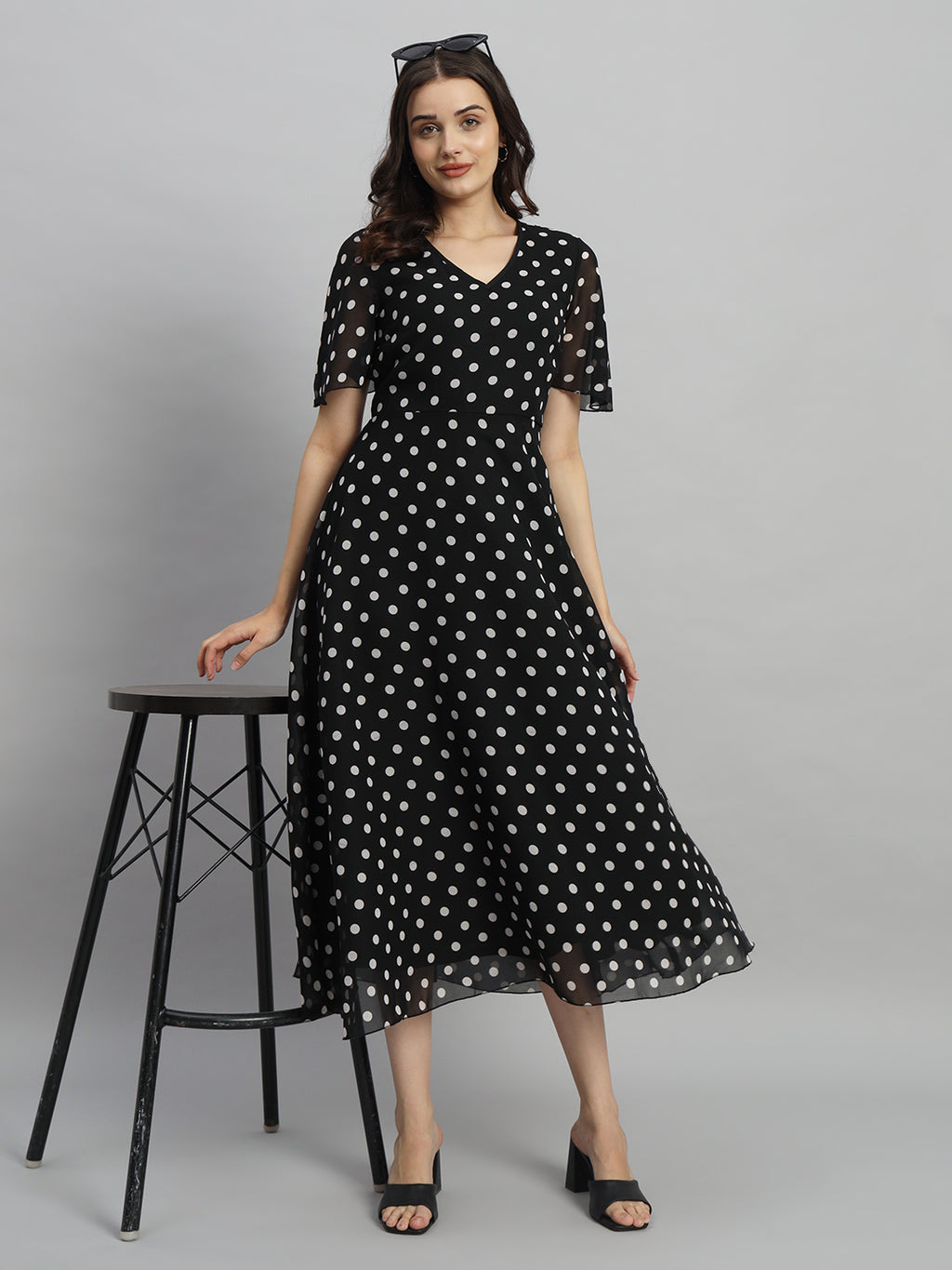 Black & White Polka Dot Printed Maxi A-Line Dress