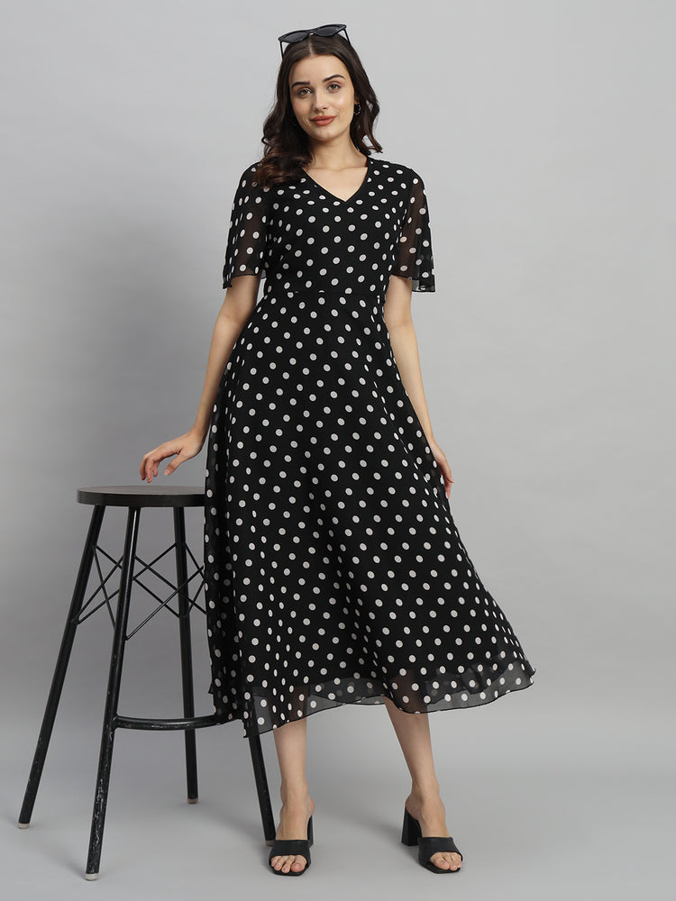 Black & White Polka Dot Printed Maxi A-Line Dress