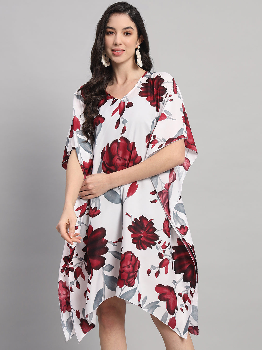 Curvydrobe Womens White Floral Print Kaftan V Neck