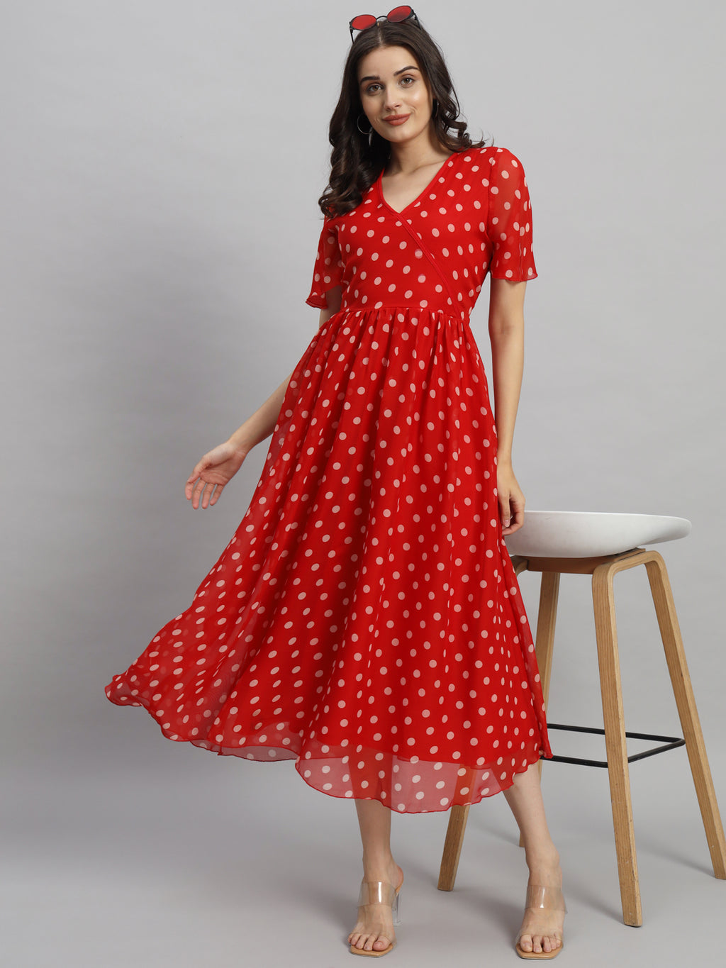 Curvydrobe Women Red Polka Dot Print A-Line Dress