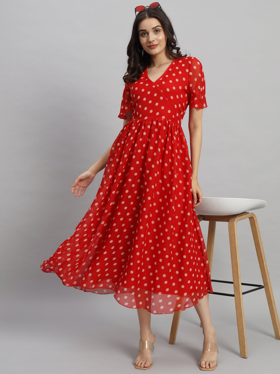 Curvydrobe Women Red Polka Dot Print A-Line Dress