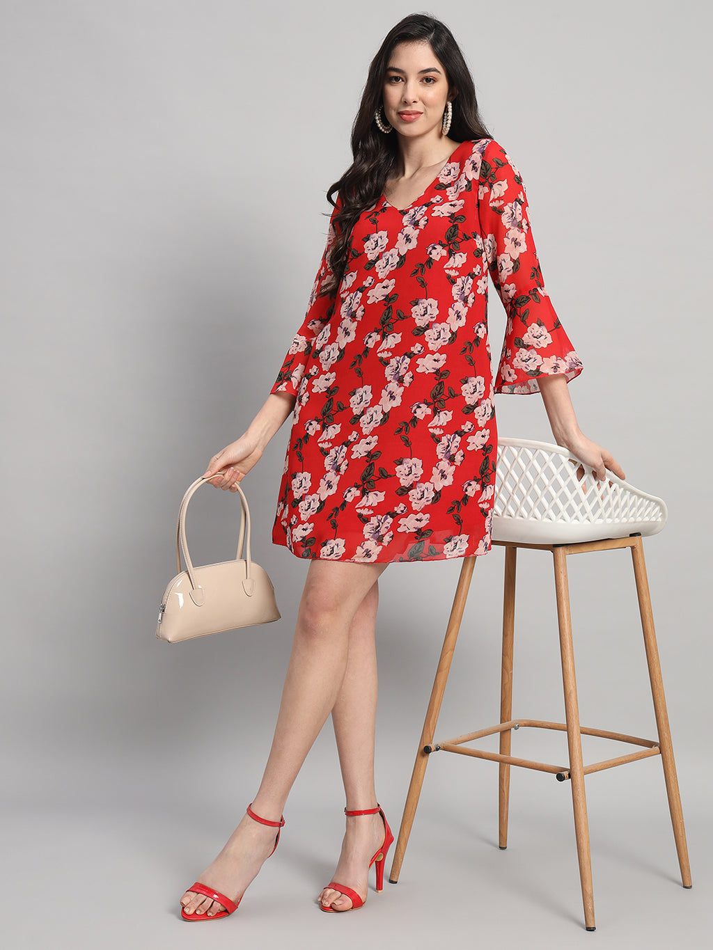Curvydrobe Womens Red Floral Print A line Dress