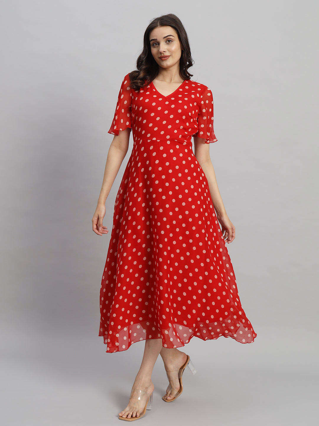 Red & White Polka Dot Printed Maxi A-Line Dress