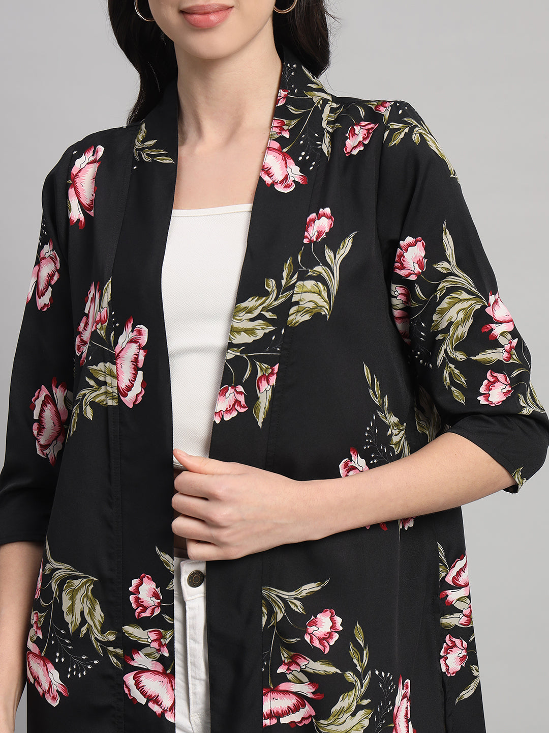 Curvydobe Womens Black Floral Print Front-Open Shrug