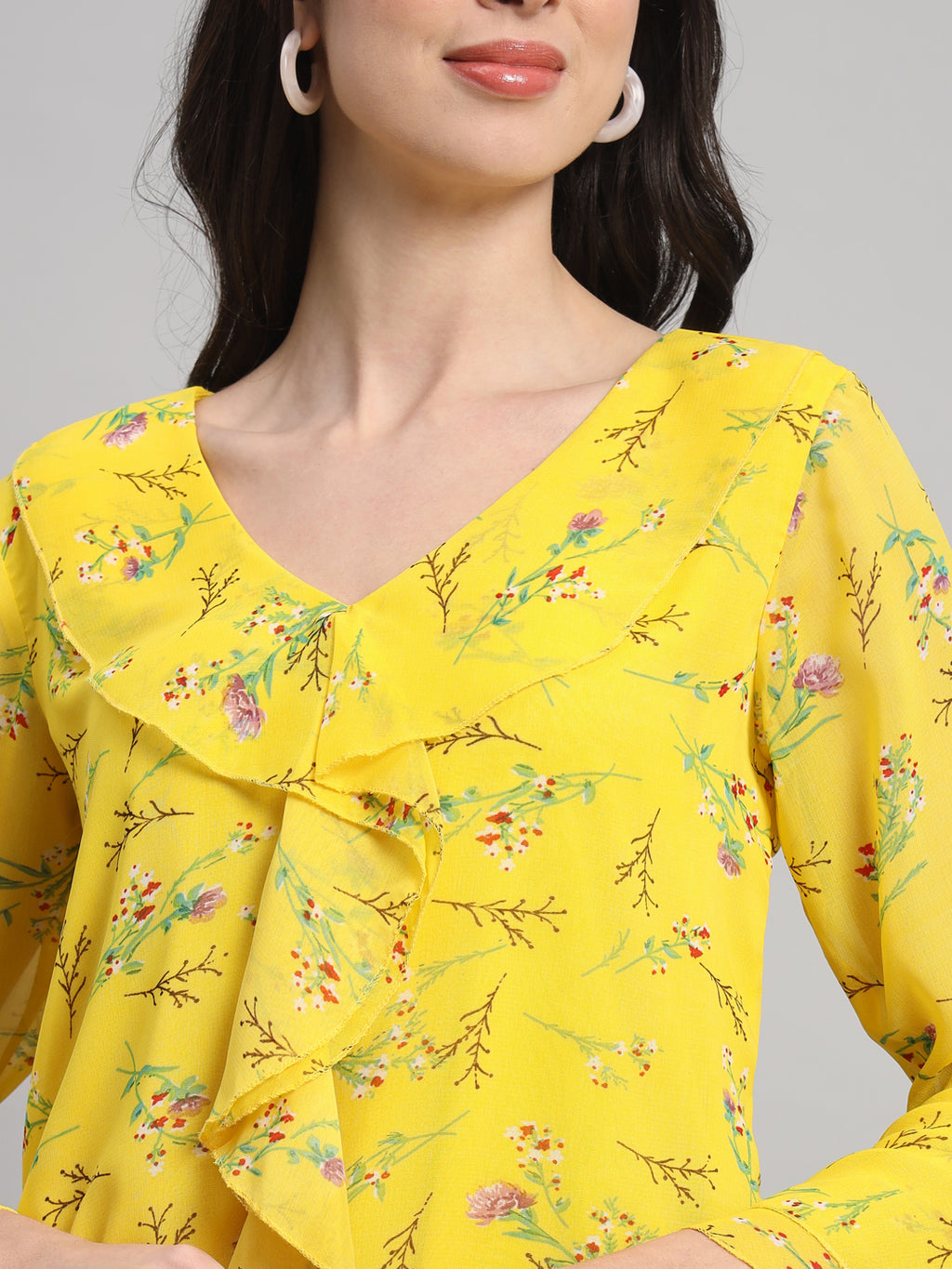 Curvydobe Womens Yellow Floral Print V-Neck Top