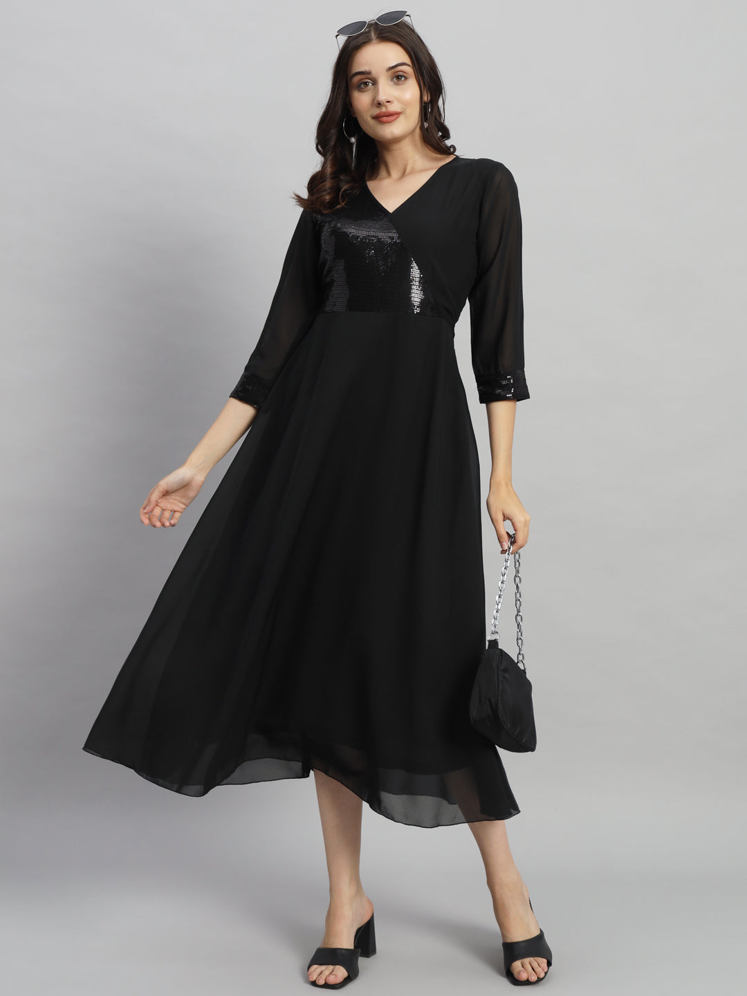 Curvydrobe Women Solid Black Siqwined Fit & Flare Dress