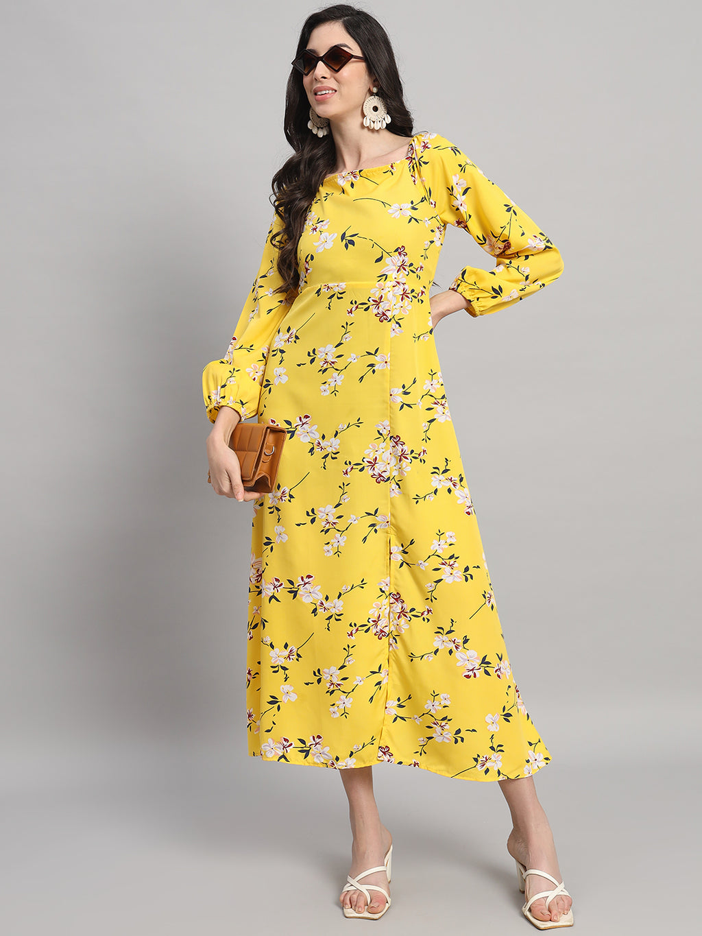 Curvydrobe Womens Yellow floral Fit & Flare Dress