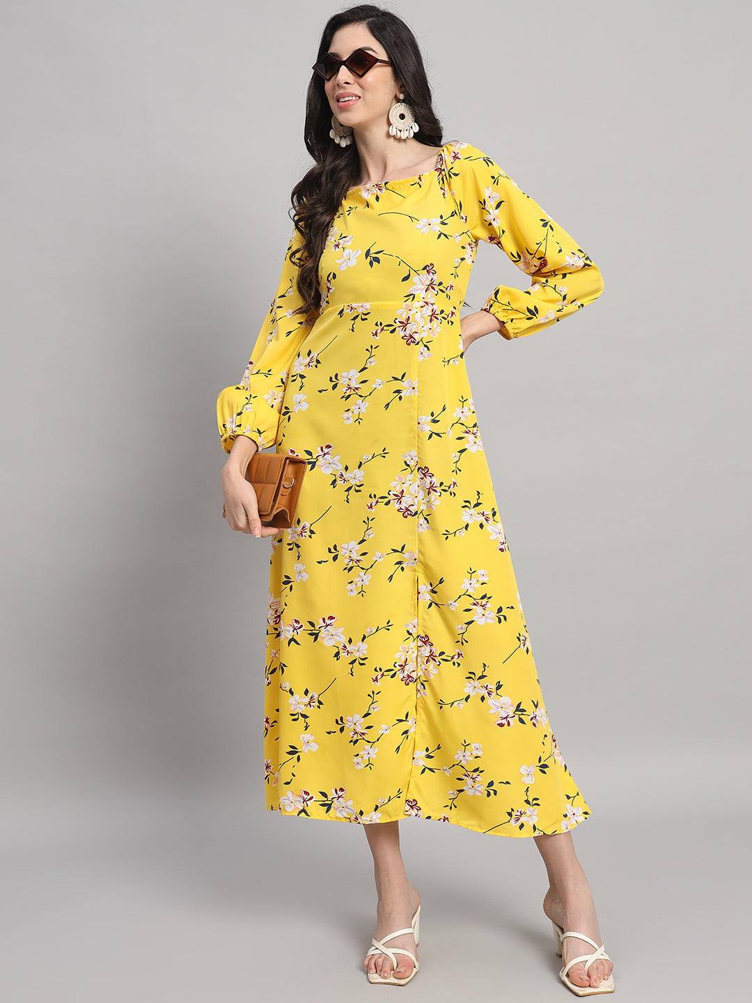 Curvydrobe Womens Yellow floral Fit & Flare Dress