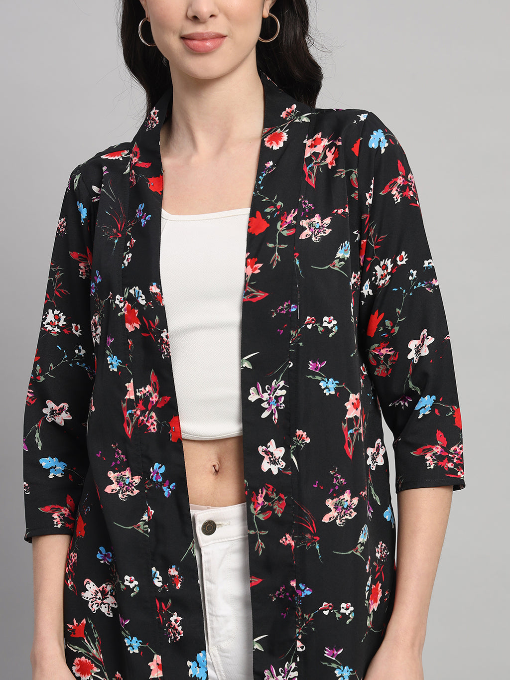 Curvydobe Womens Black Floral Printed Front-Open Shrug