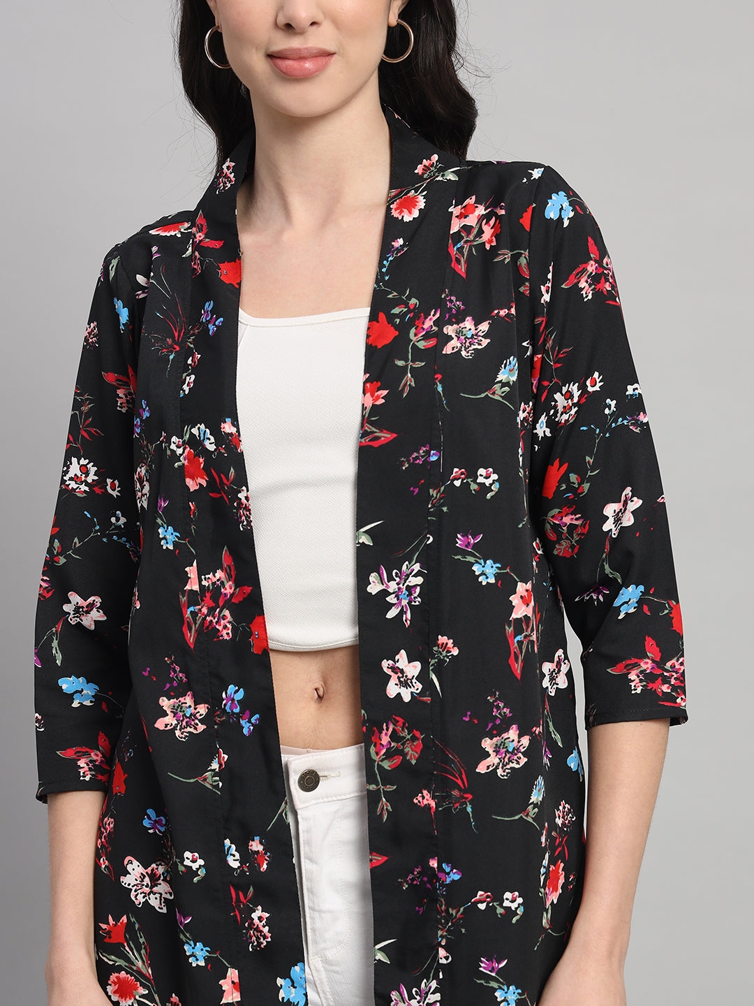 Curvydobe Womens Black Floral Printed Front-Open Shrug