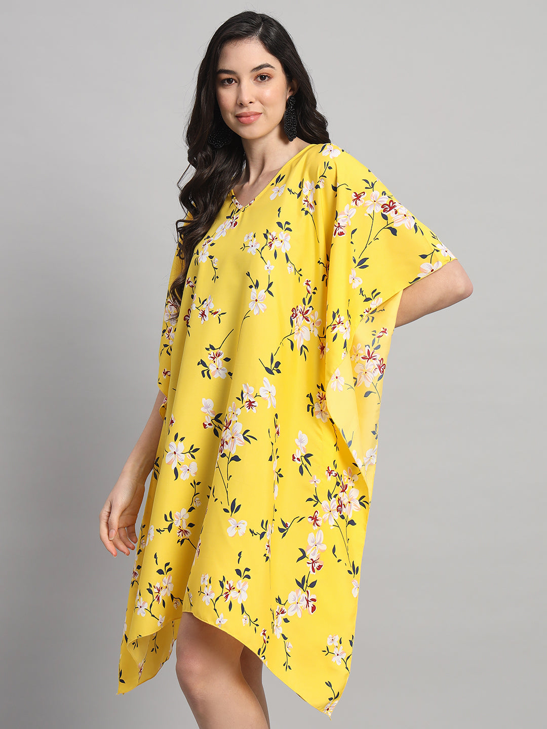 Curvydrobe Womens Yellow Floral Print Kaftan V Neck