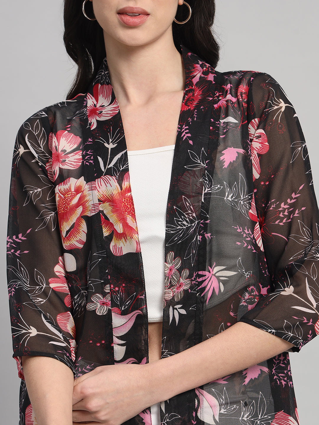 Curvydobe Black Floral Print Front-Open Shrug