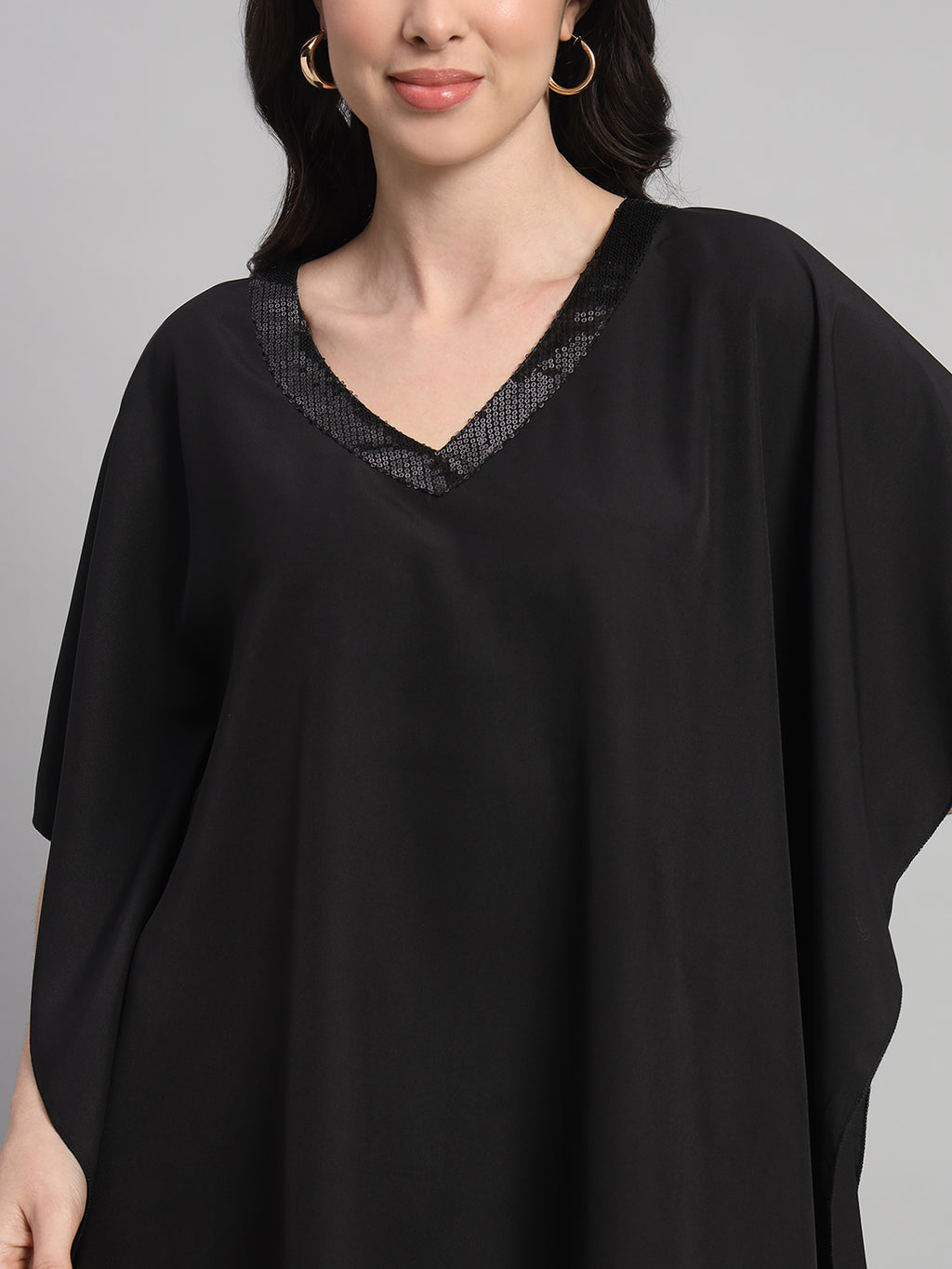 Curvydrobe Women Solid Black Seqwined V-Neck Kaftan