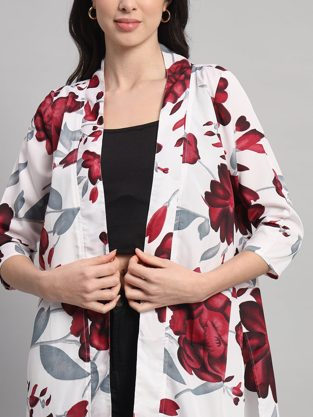 Curvydobe Womens White Floral Print Front-Open Shrug