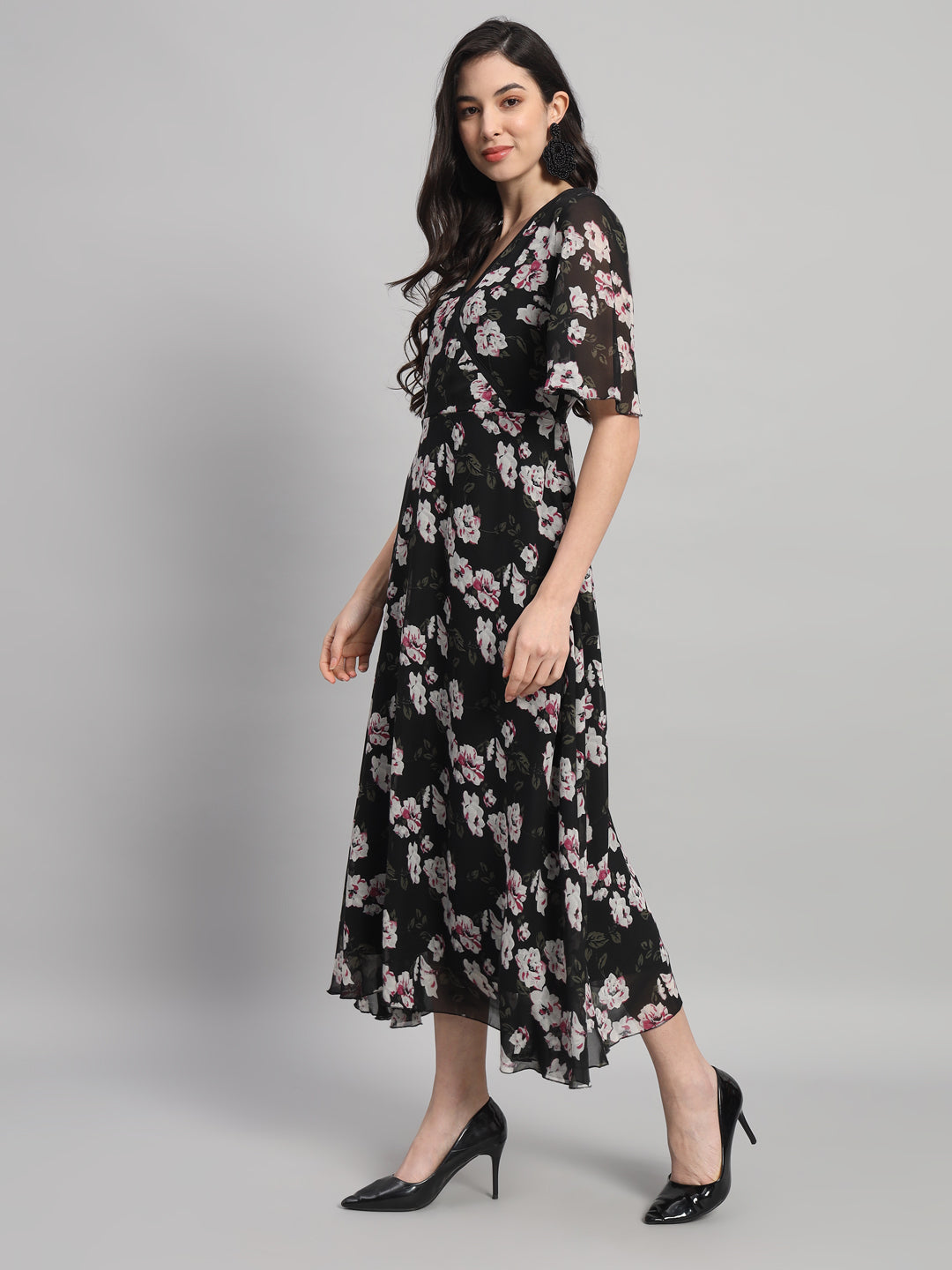 Curvydrobe Womens Black Floral Print Fit & Flare Dress