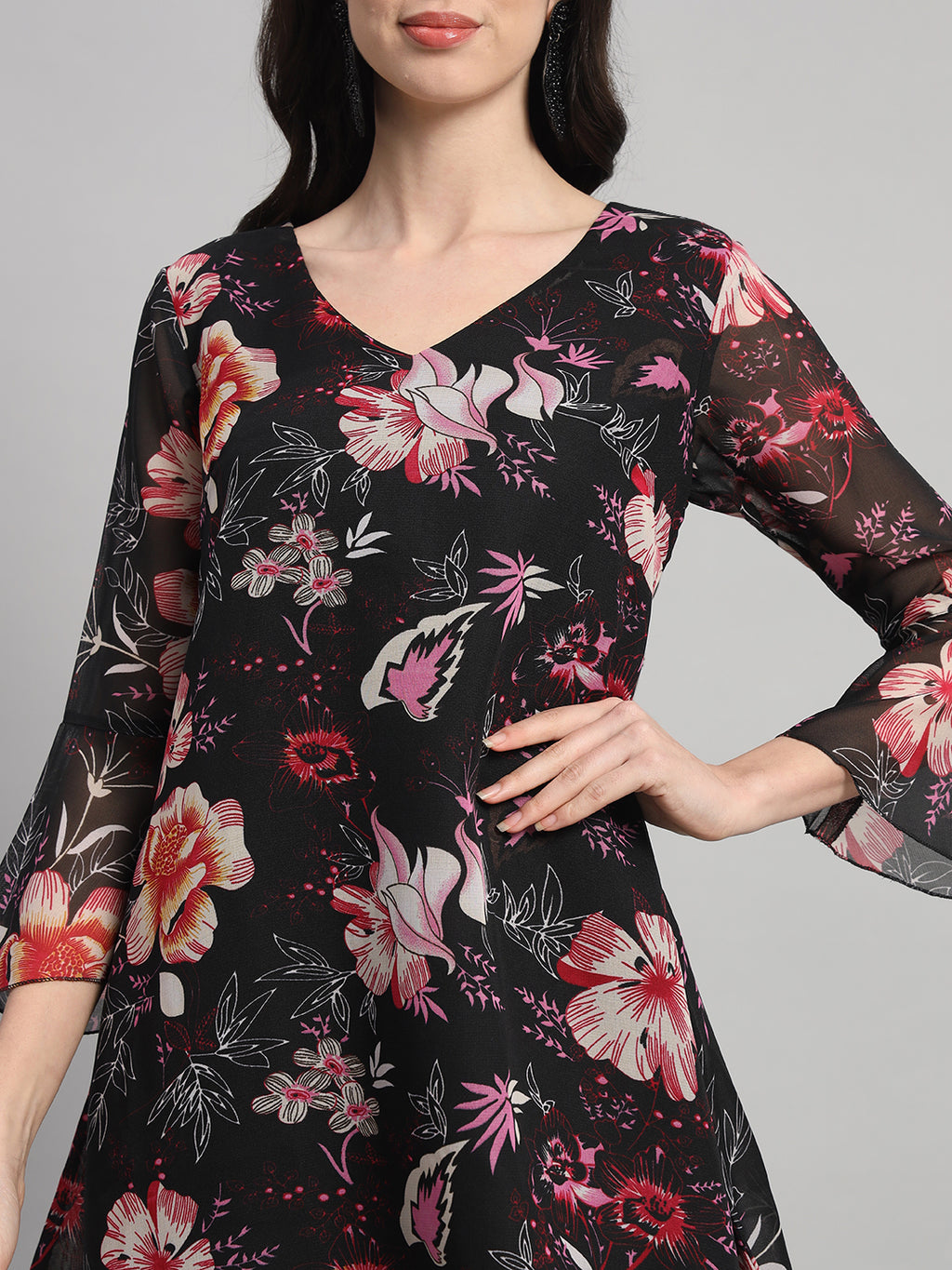 Curvydrobe Womens Black Floral Print A line Dress
