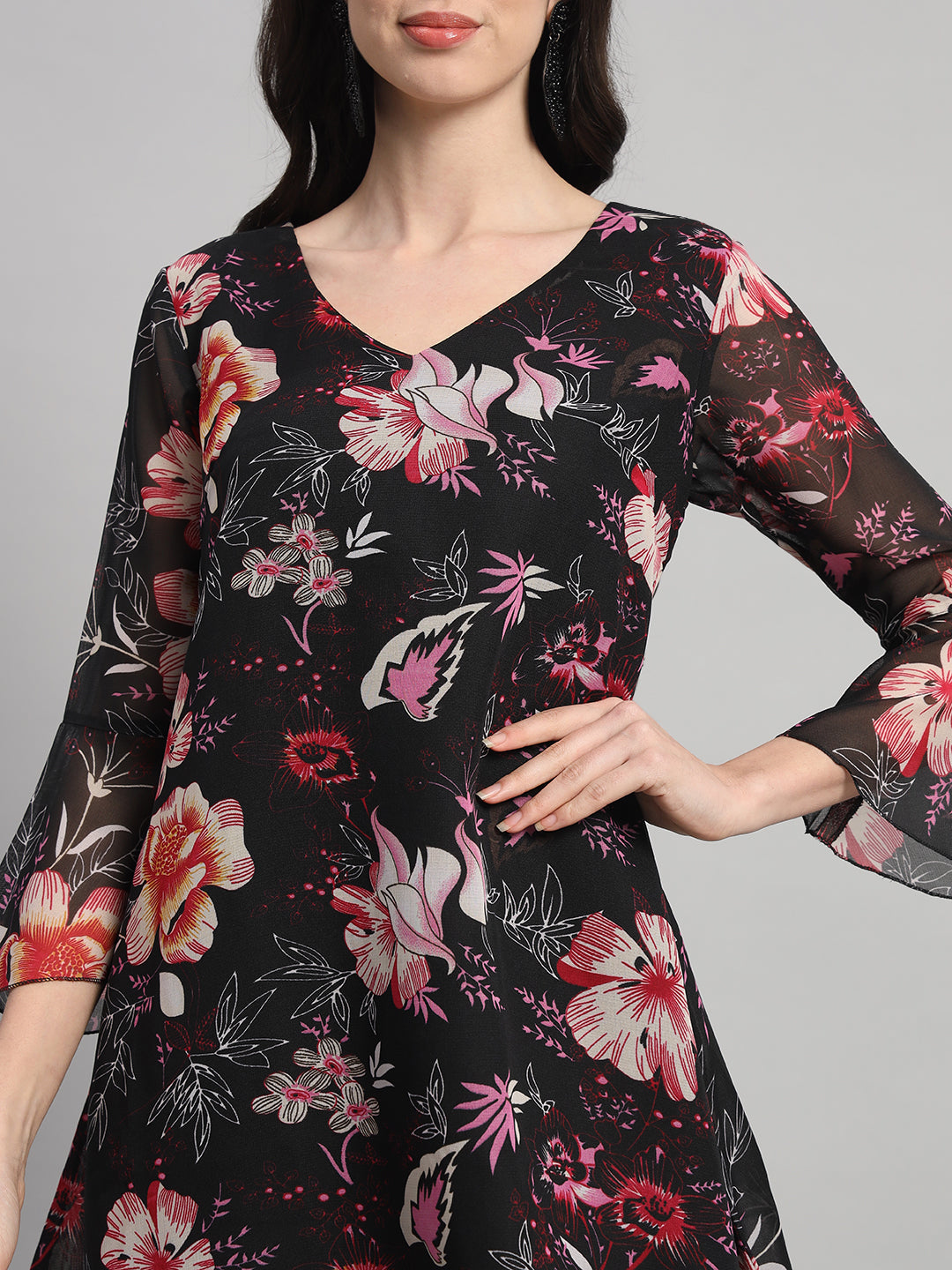 Curvydrobe Womens Black Floral Print A line Dress