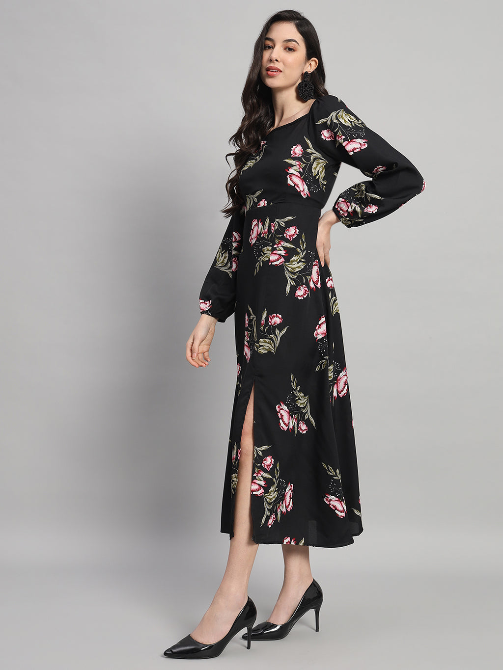 Curvydrobe Womens black floral Fit & Flare Dress