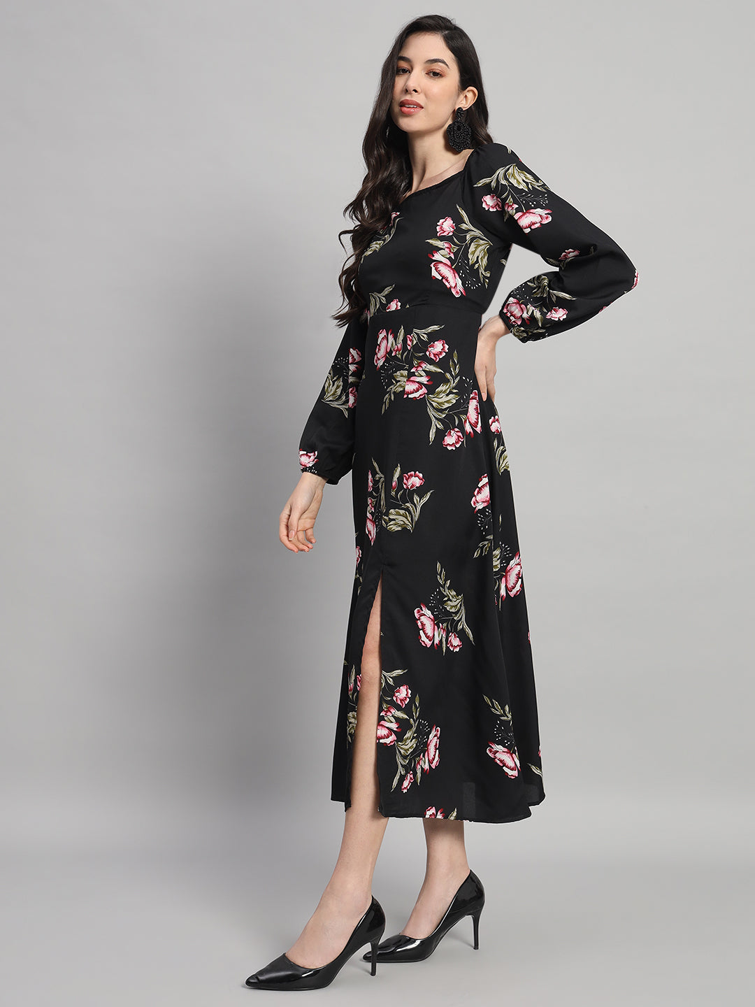 Curvydrobe Womens black floral Fit & Flare Dress