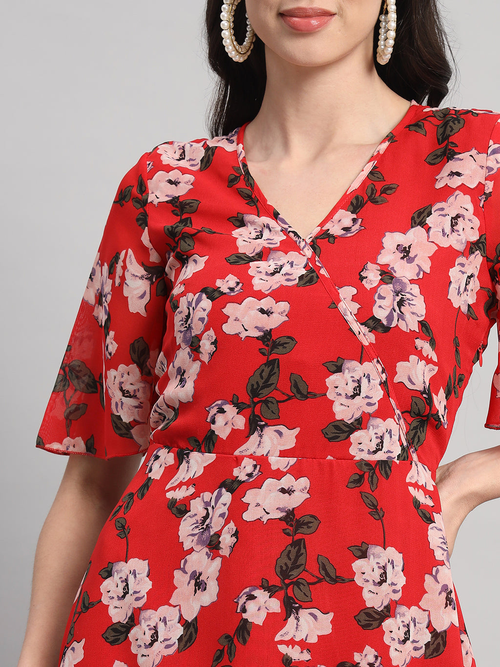 Curvydrobe Womens Red Floral Print Fit & Flare Dress