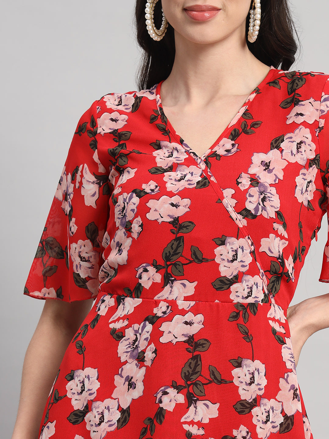 Curvydrobe Womens Red Floral Print Fit & Flare Dress