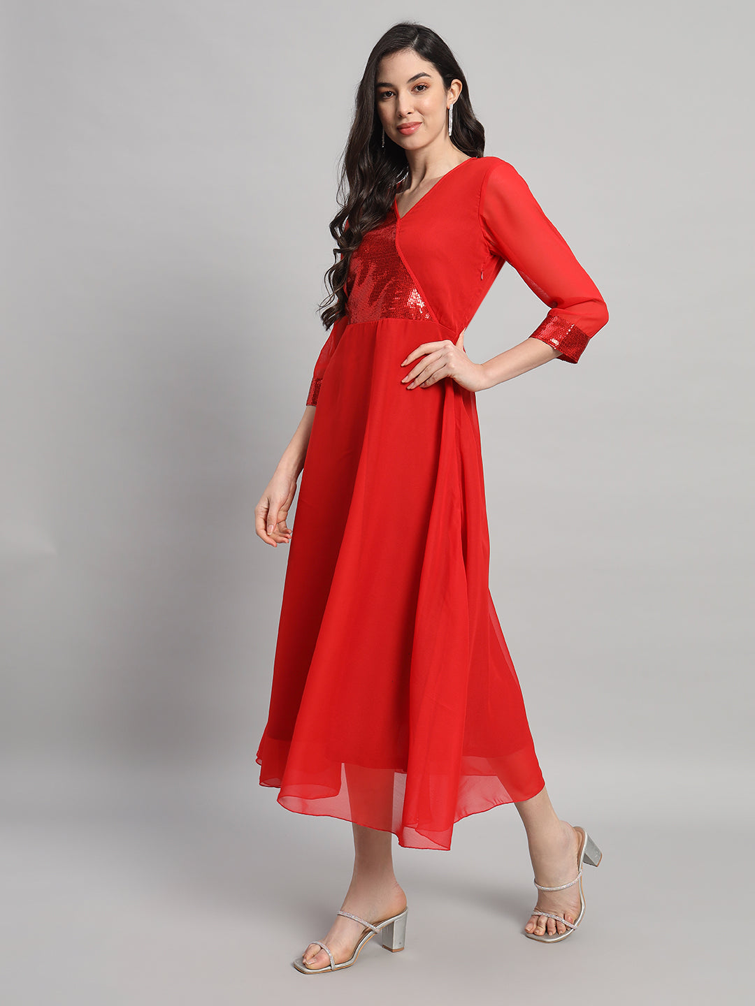 Curvydrobe Womens Solid Red Fit & Flare Dress With Seqwin