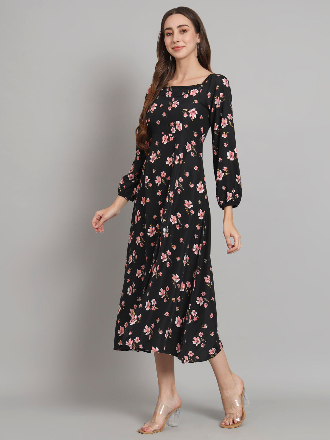 Curvydrobe Womens black floral longline with square neck and one thigh slit dress