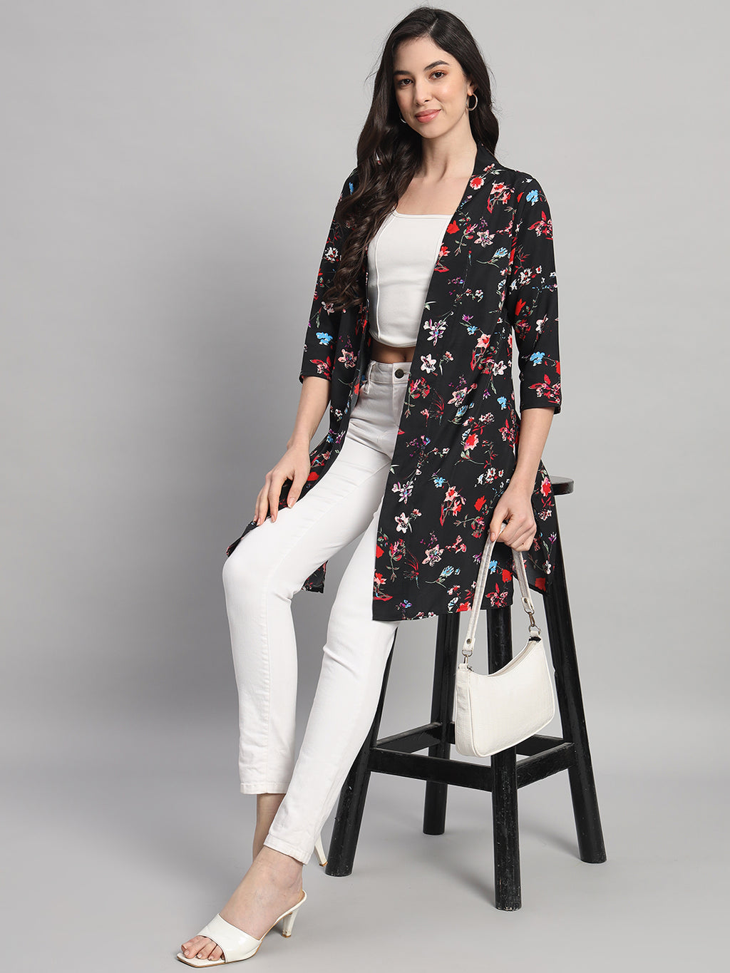 Curvydobe Womens Black Floral Printed Front-Open Shrug
