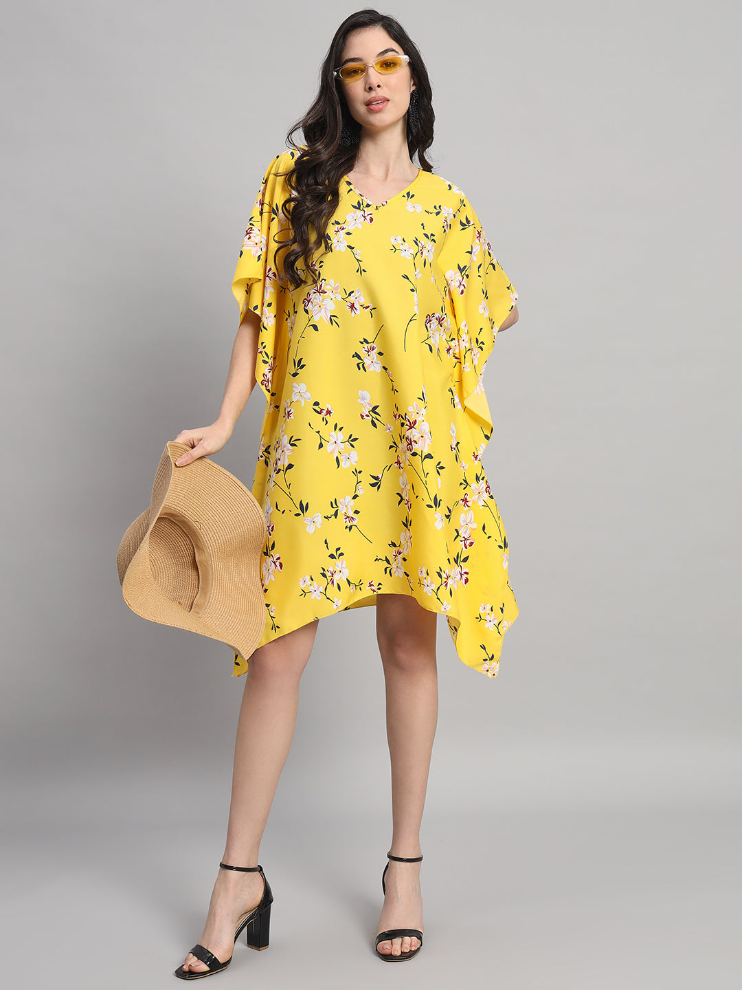 Curvydrobe Womens Yellow Floral Print Kaftan V Neck
