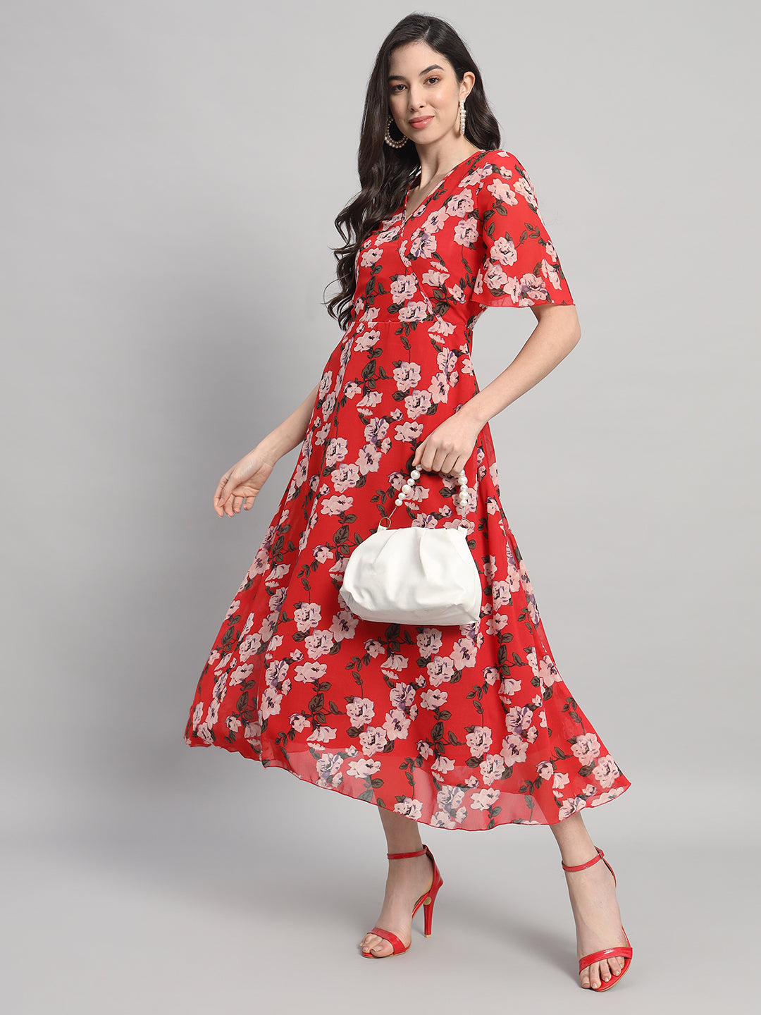 Curvydrobe Womens Red Floral Print Fit & Flare Dress