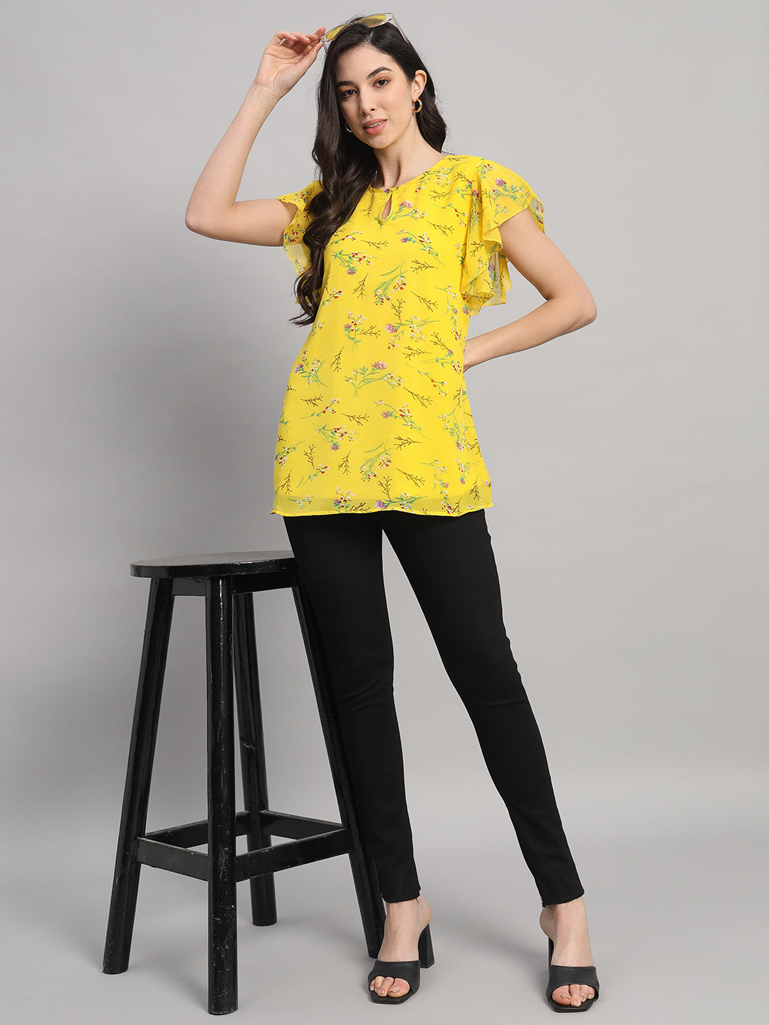 Curvydobe Yellow Floral Print V-Neck Top