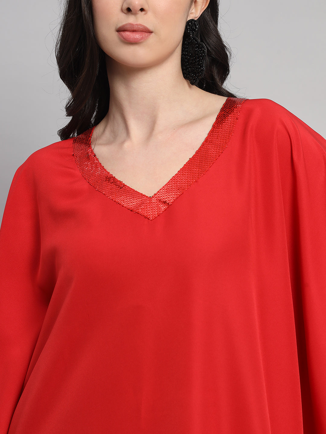 Curvydrobe Women Solid Red Seqwined V-Neck Kaftan