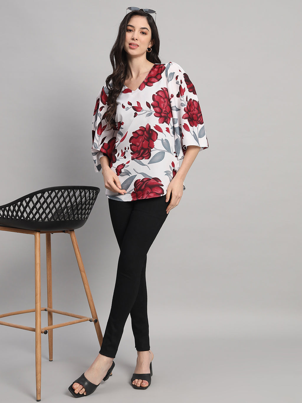 Curvydobe White Floral Print V-Neck Top