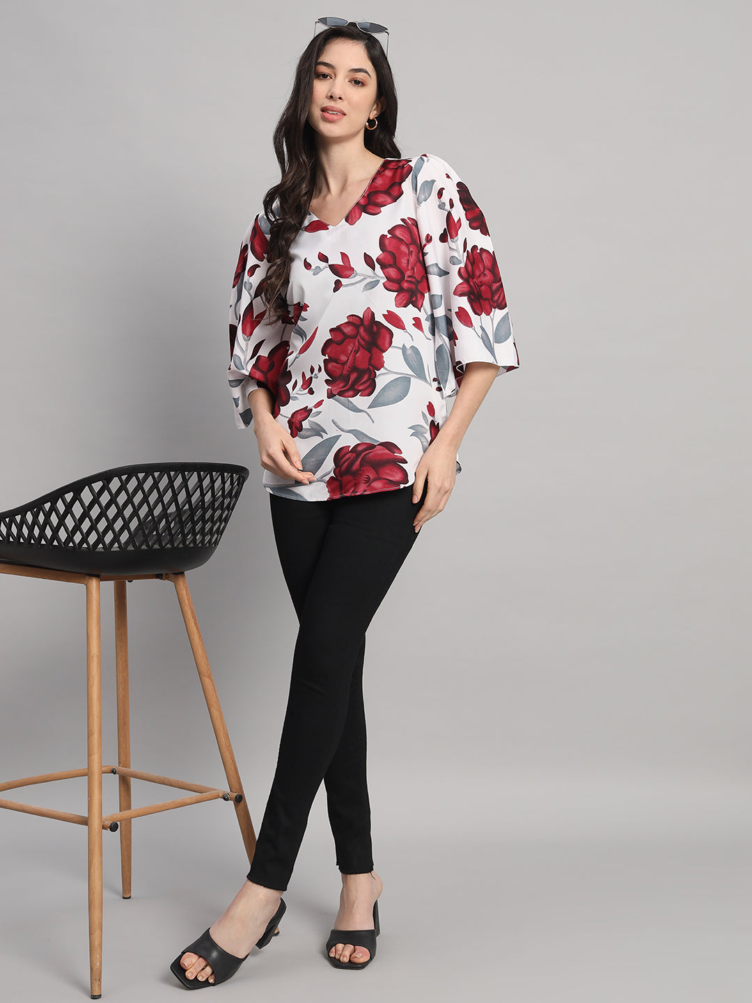 Curvydobe White Floral Print V-Neck Top