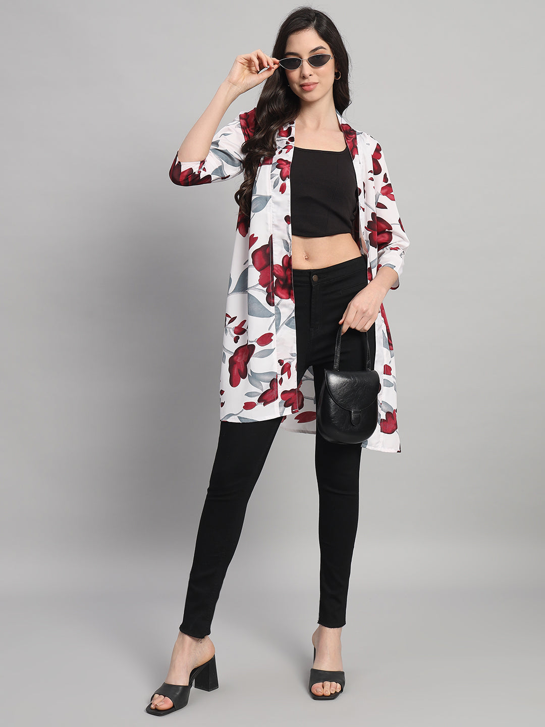 Curvydobe Womens White Floral Print Front-Open Shrug