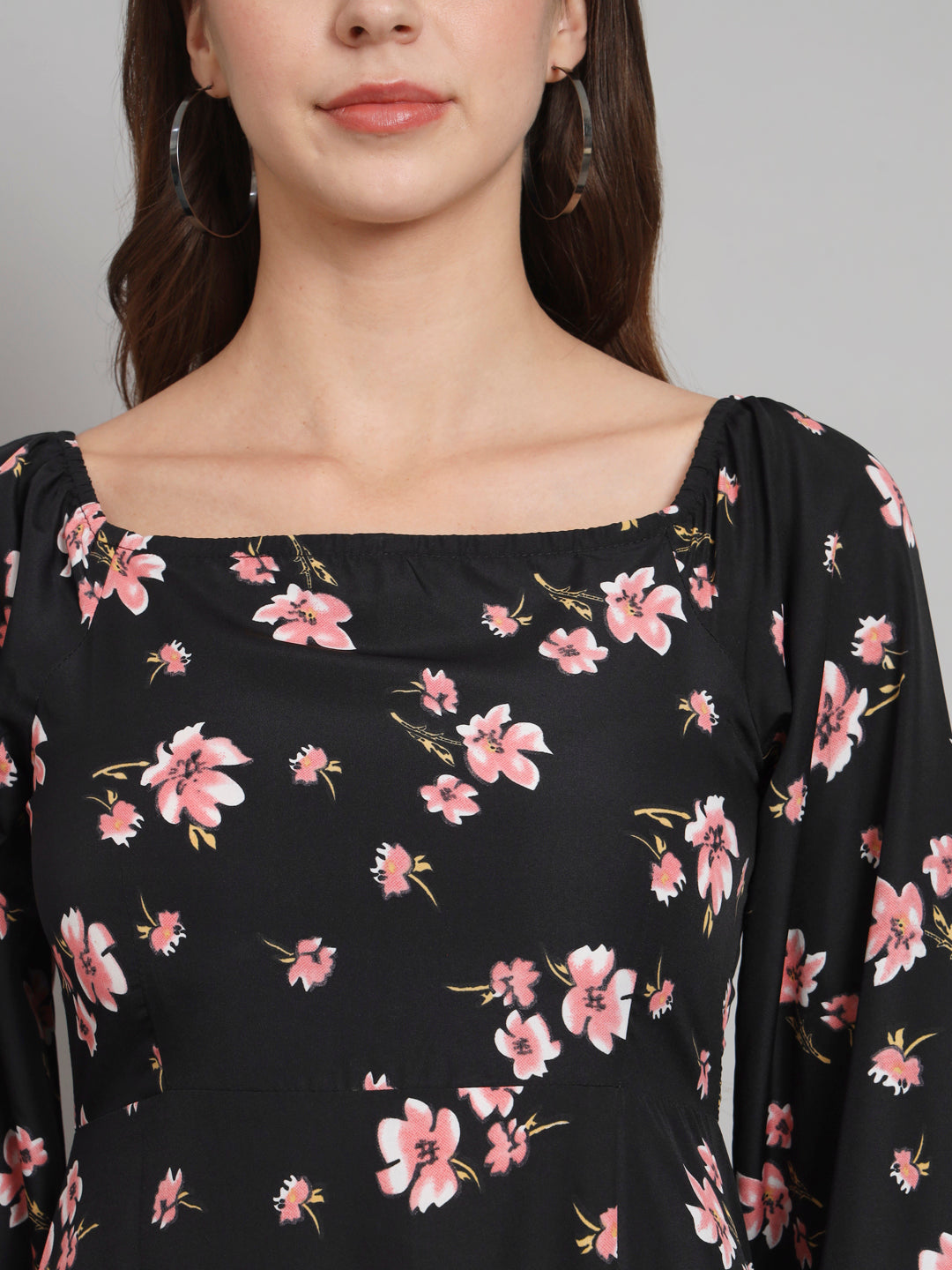 Curvydrobe Womens black floral longline with square neck and one thigh slit dress