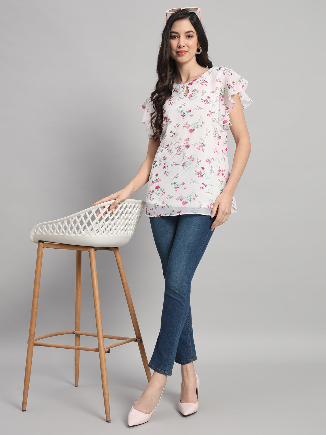 Curvydobe White Floral Print V-Neck Top