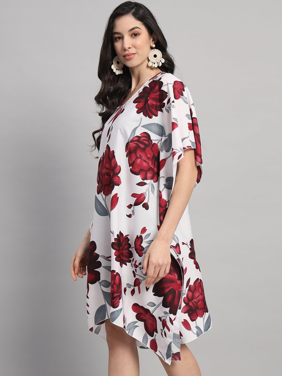 Curvydrobe Womens White Floral Print Kaftan V Neck