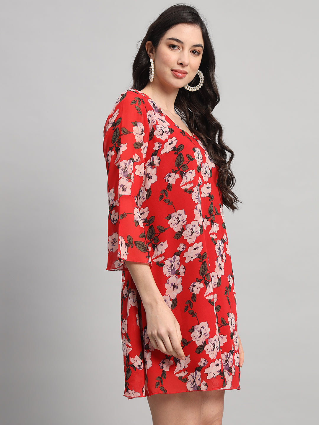 Curvydrobe Womens Red Floral Print A line Dress