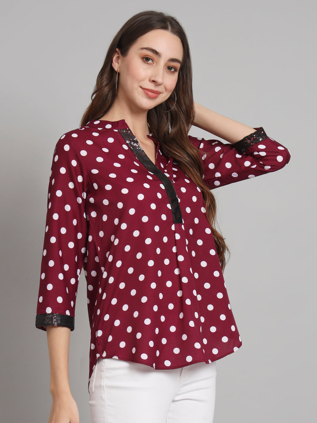 Curvydobe Burgundy Mandrain Collar placket Top
