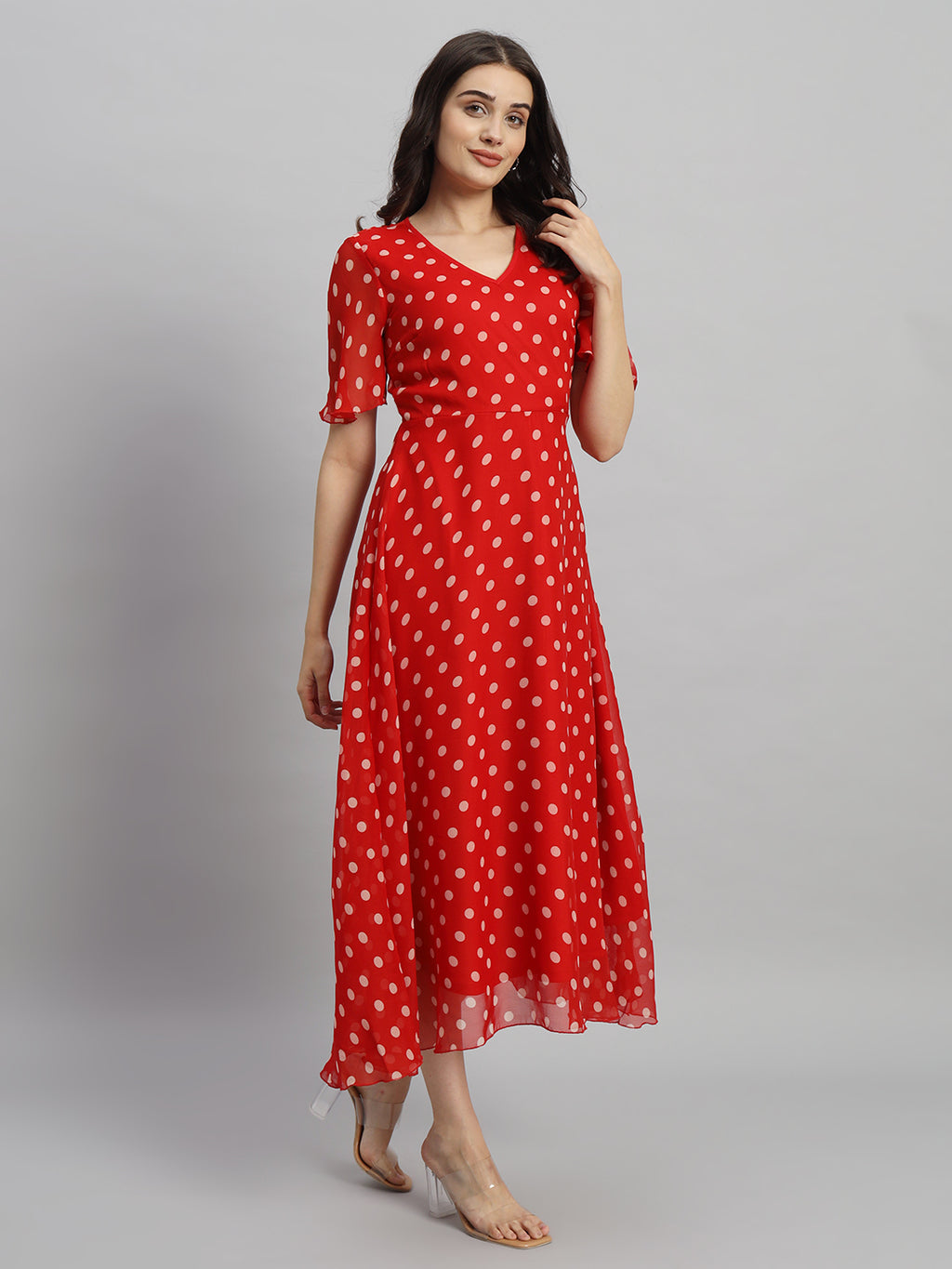 Red & White Polka Dot Printed Maxi A-Line Dress