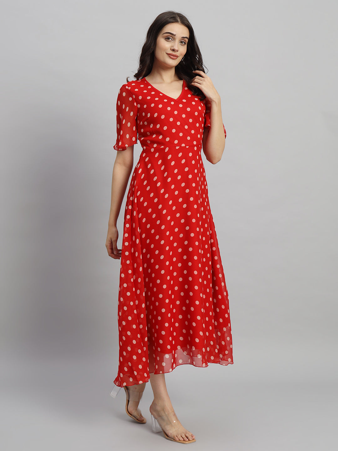 Red & White Polka Dot Printed Maxi A-Line Dress
