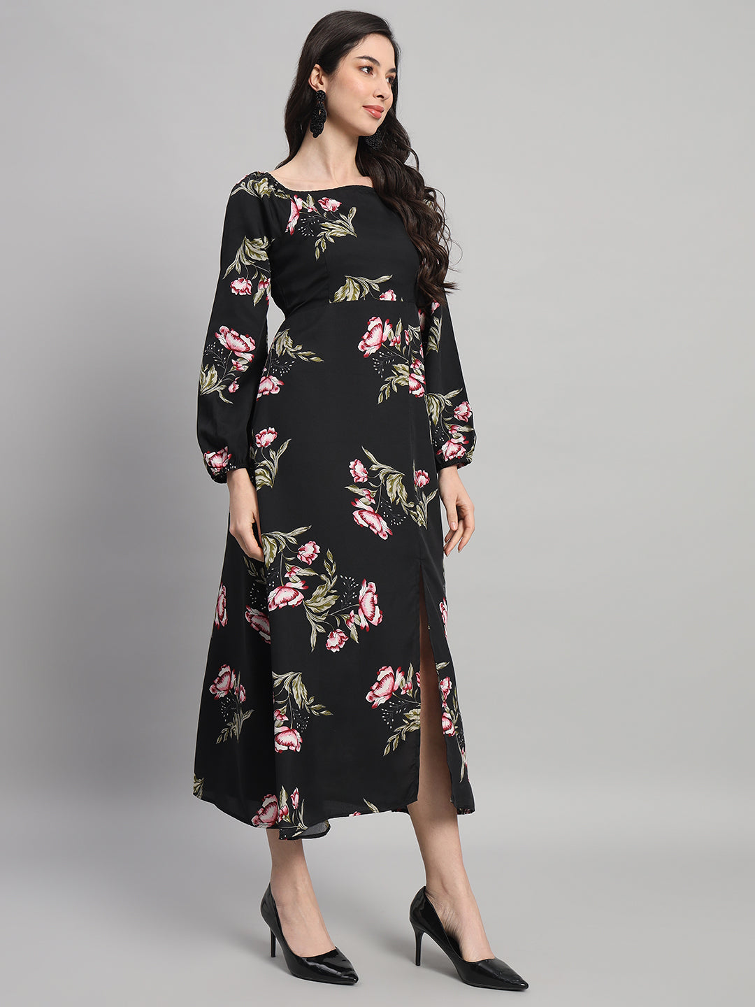 Curvydrobe Womens black floral Fit & Flare Dress