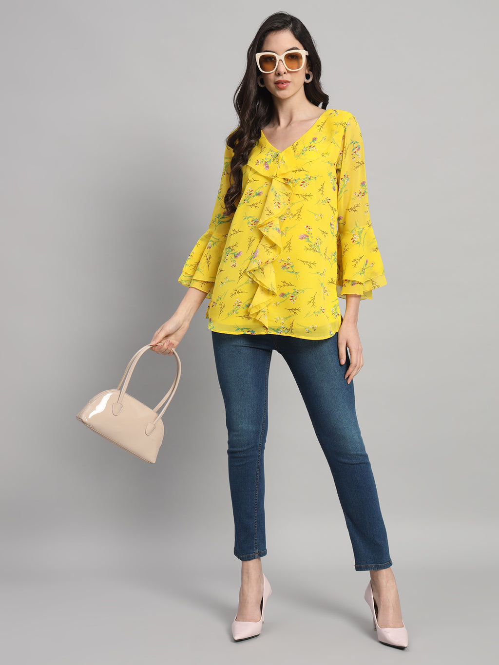 Curvydobe Womens Yellow Floral Print V-Neck Top