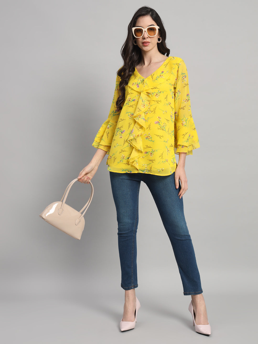 Curvydobe Womens Yellow Floral Print V-Neck Top