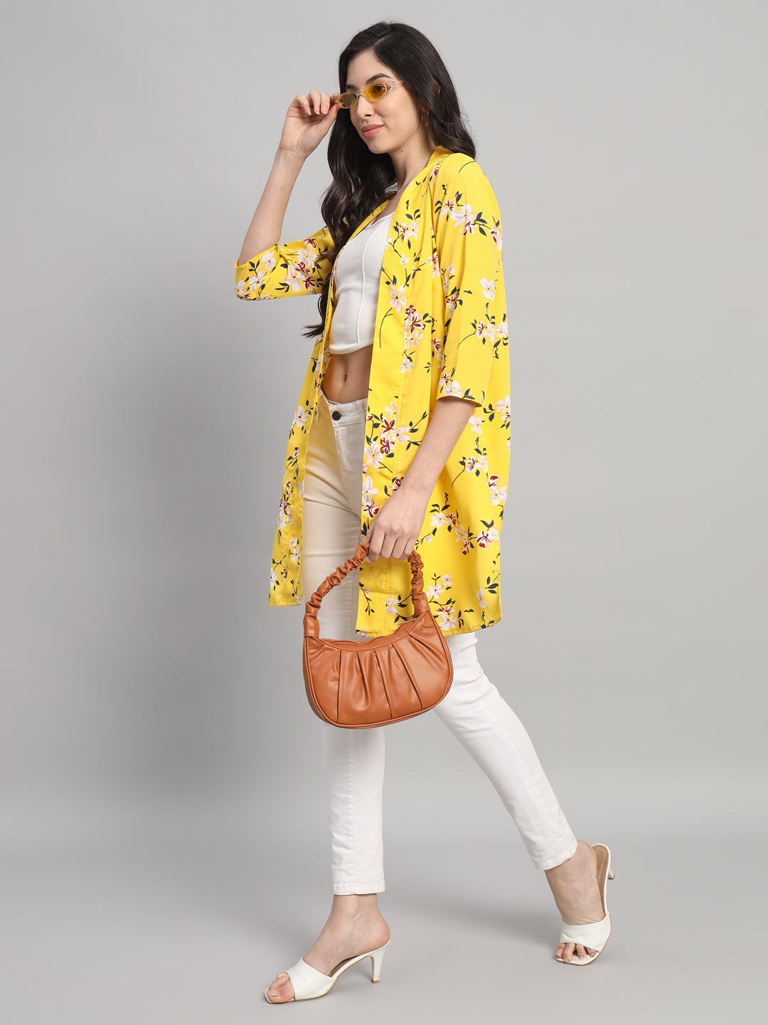 Curvydobe Womens Yellow Floral Print Front-Open Shrug