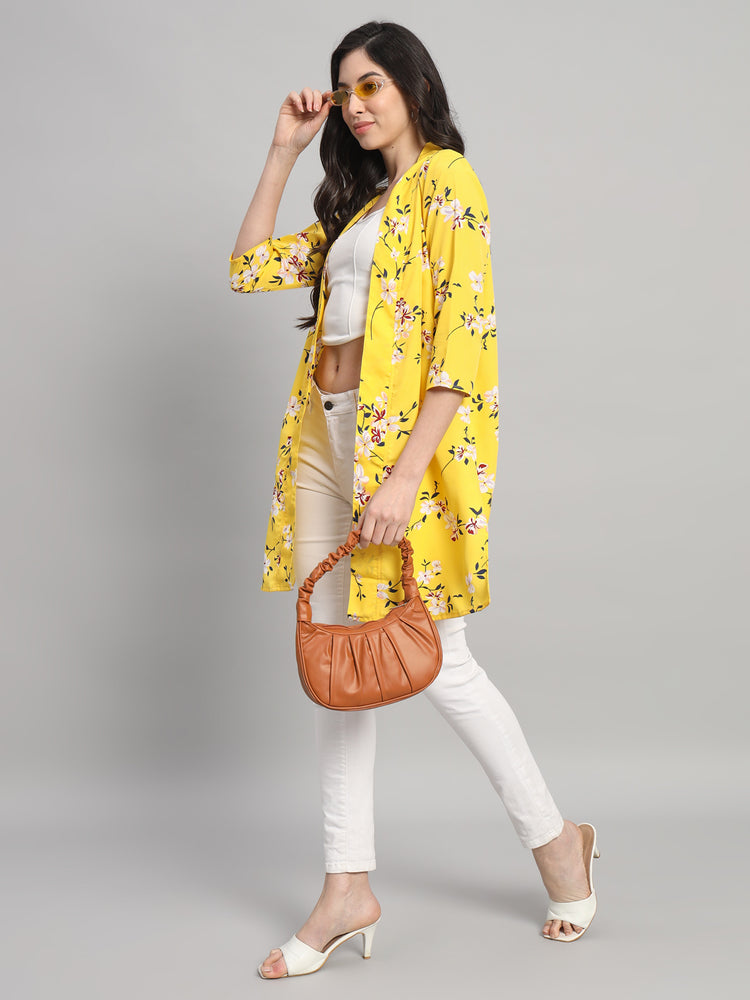 Curvydrobe Womens Yellow Floral Print Front-Open Shrug