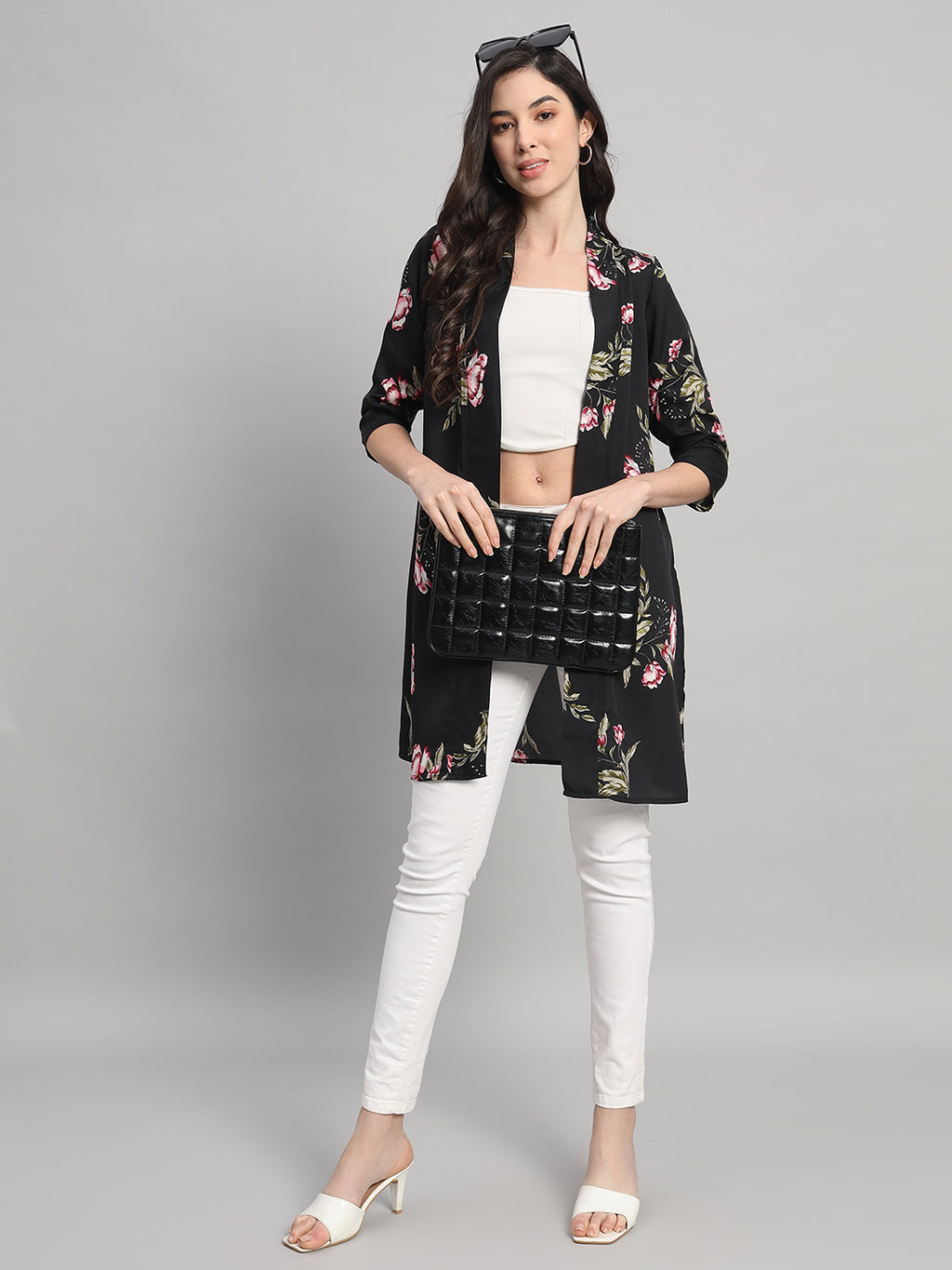 Curvydobe Womens Black Floral Print Front-Open Shrug