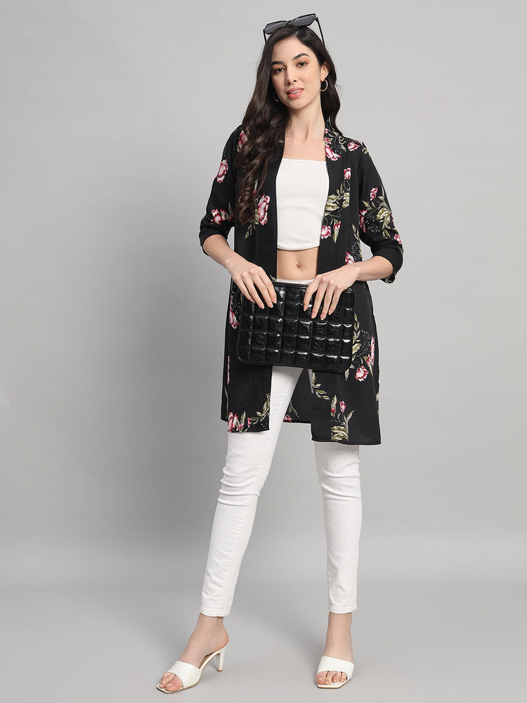 Curvydrobe Womens Black Floral Print Front-Open Shrug